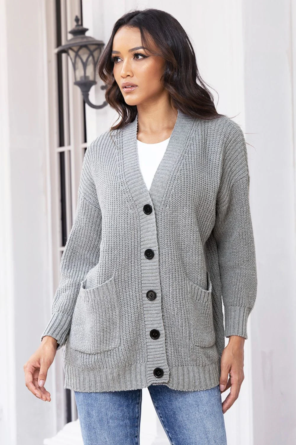 Button Up Long Sleeve Cardigan with Pockets - Image 2