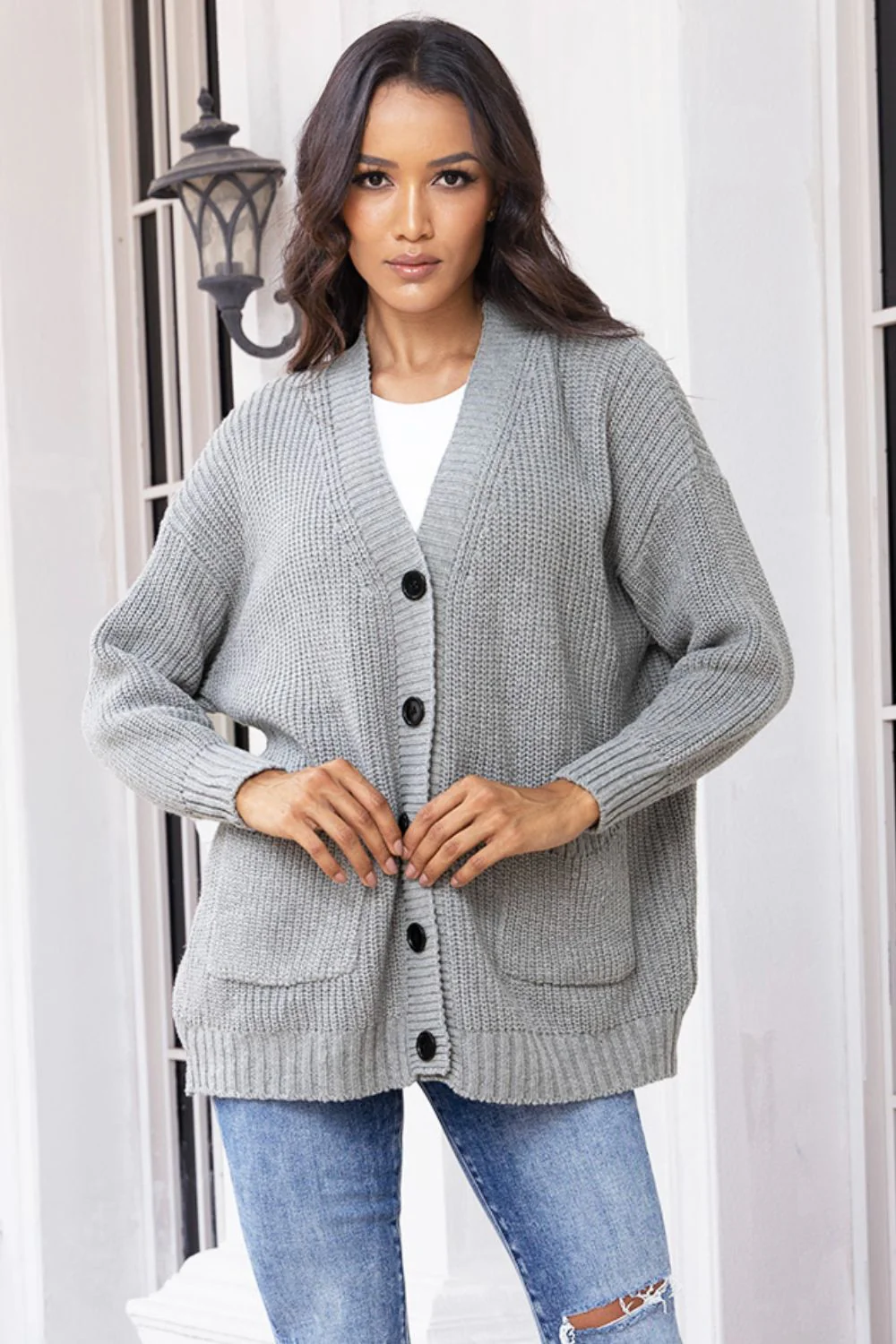 Button Up Long Sleeve Cardigan with Pockets - Image 3