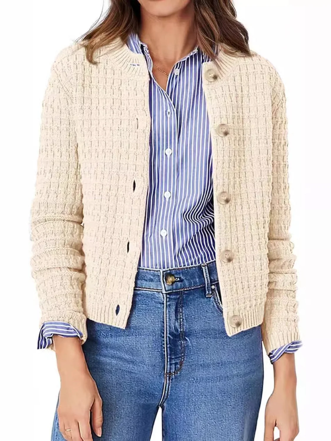 Button Up Round Neck Long Sleeve Cardigan - Image 3