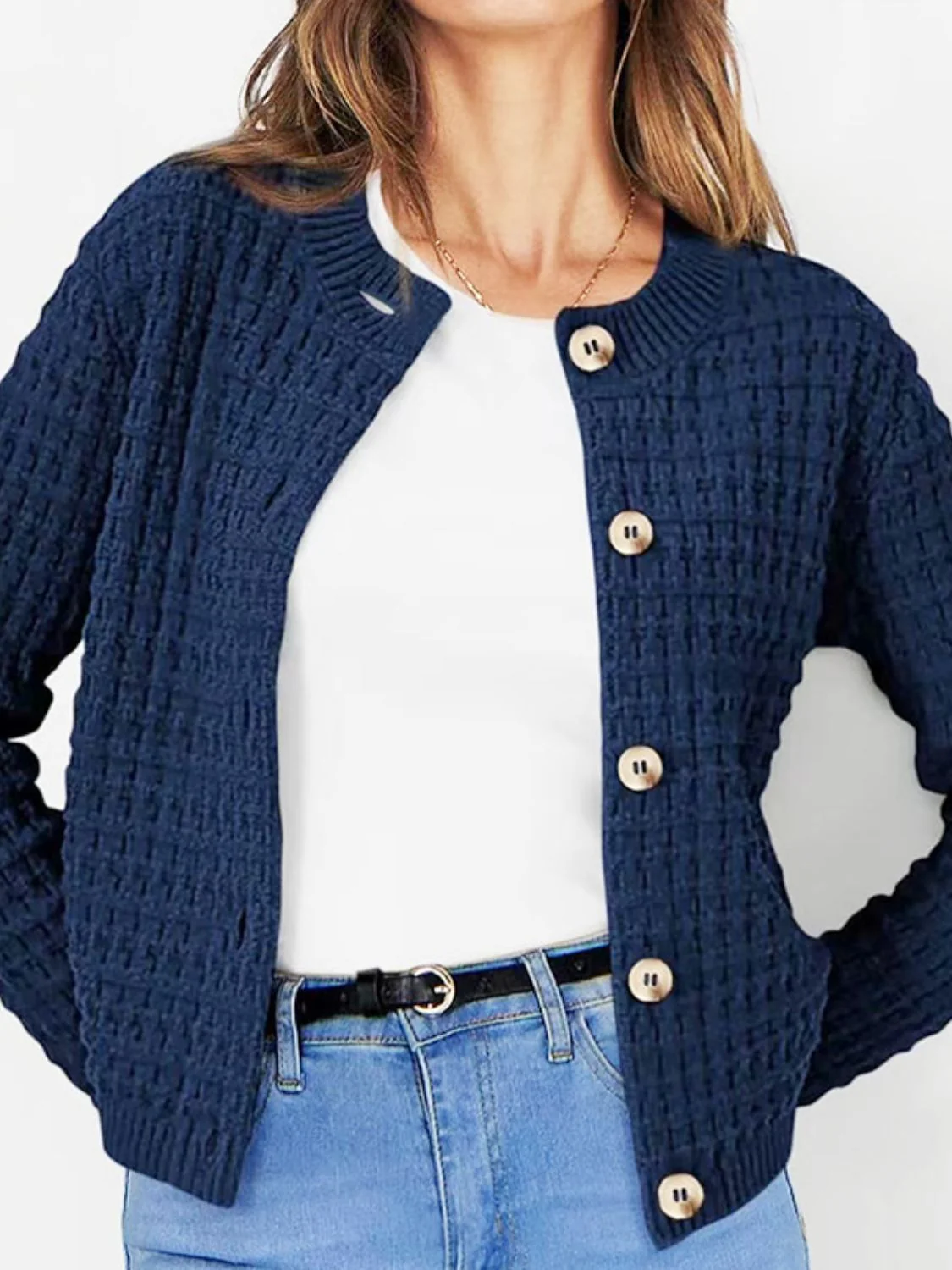 Button Up Round Neck Long Sleeve Cardigan - Image 4