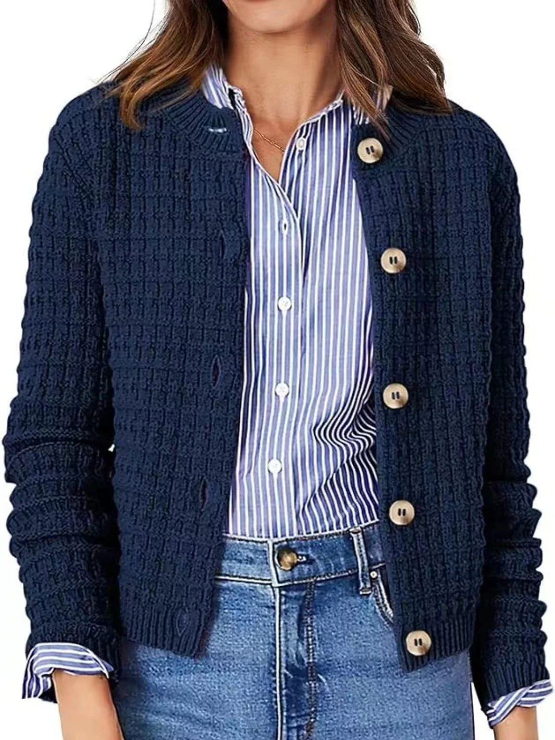 Button Up Round Neck Long Sleeve Cardigan - Image 5