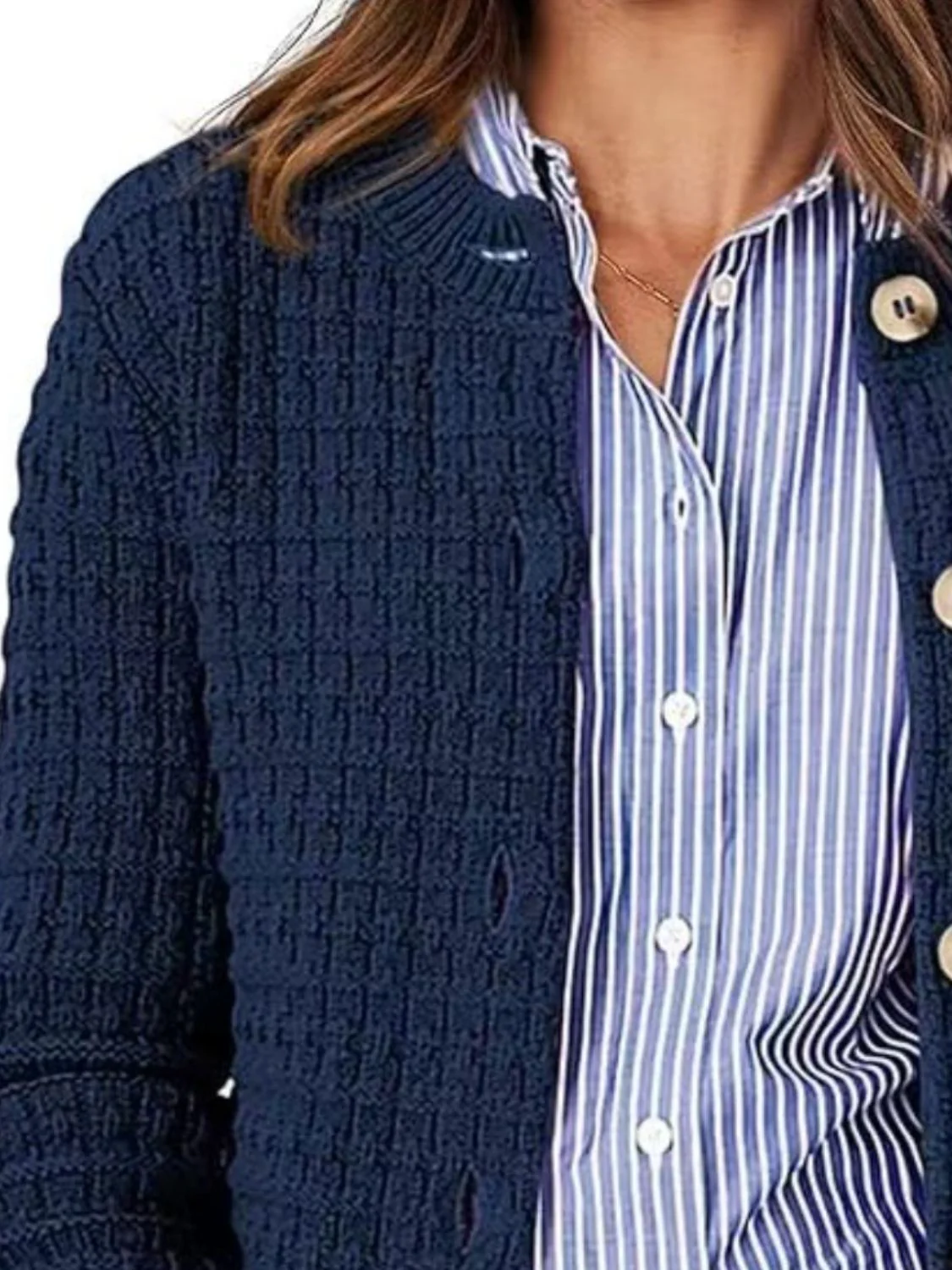 Button Up Round Neck Long Sleeve Cardigan - Image 6