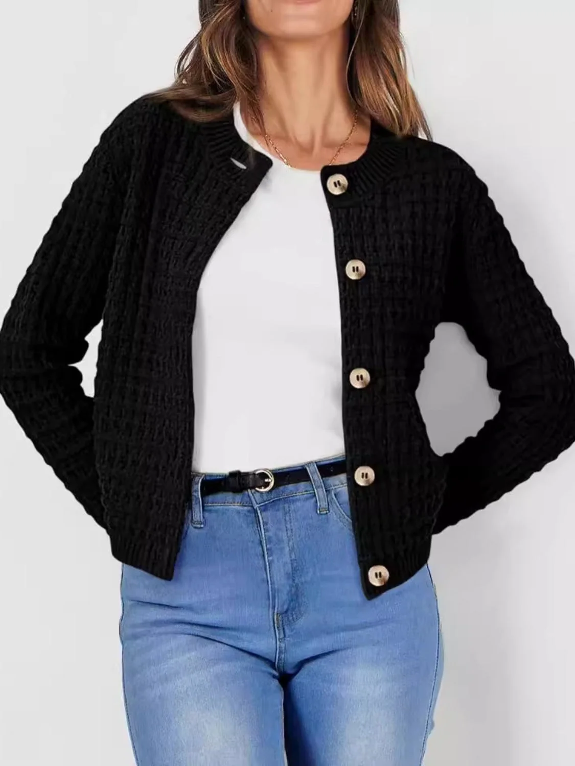 Button Up Round Neck Long Sleeve Cardigan - Image 7