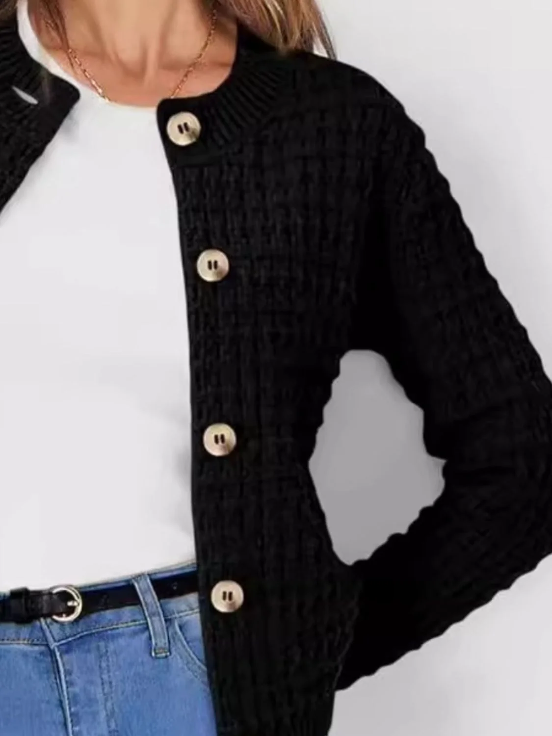 Button Up Round Neck Long Sleeve Cardigan - Image 9