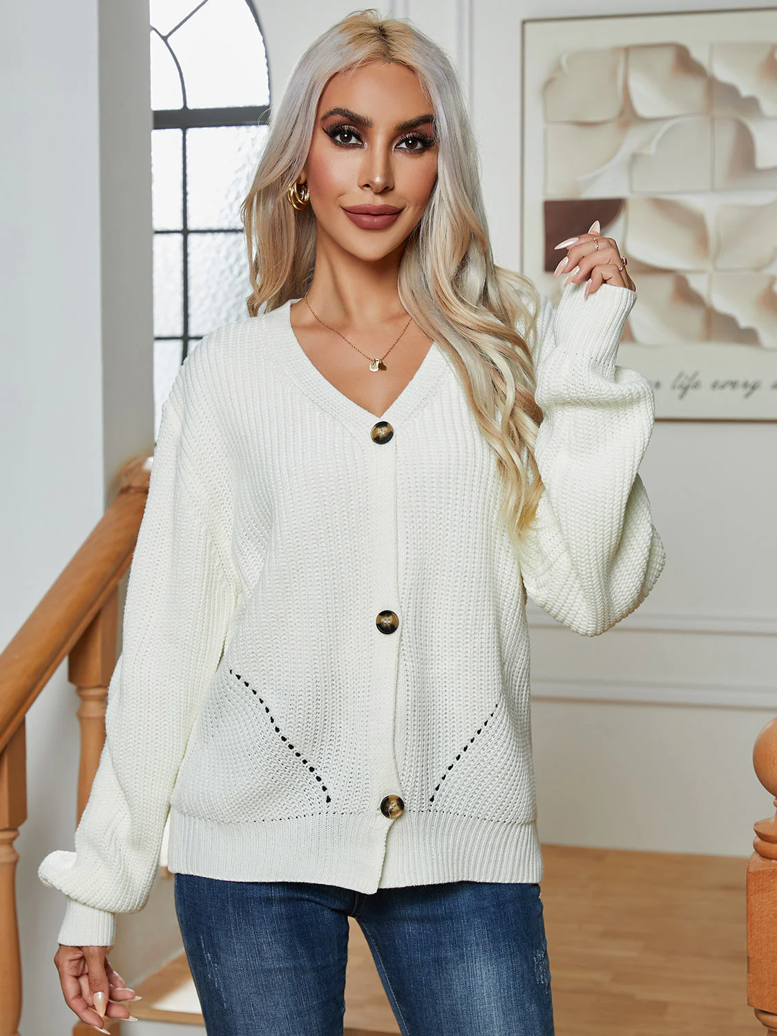Button Up V-Neck Long Sleeve Cardigan - Image 3