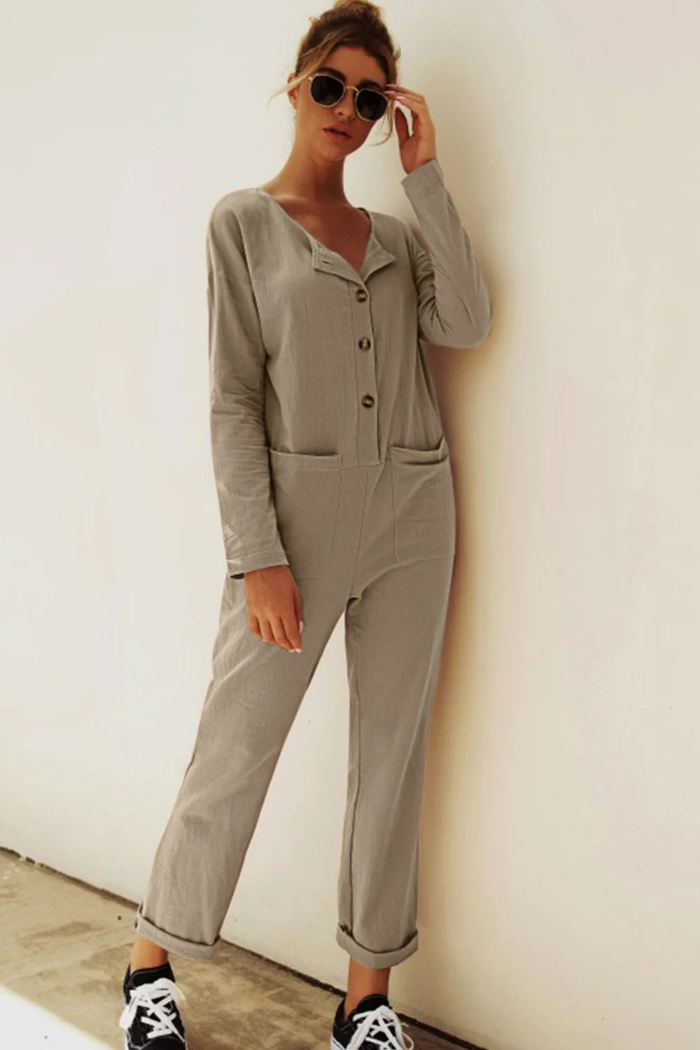 Buttoned Drop Shoulder Pocket Jumpsuit - Image 5