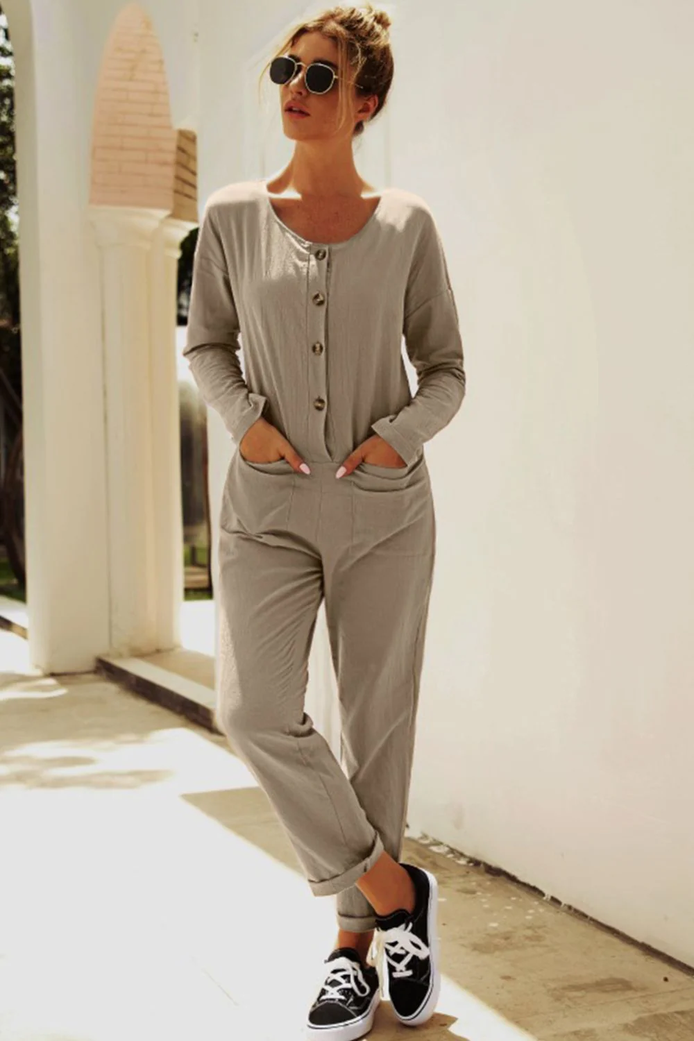 Buttoned Drop Shoulder Pocket Jumpsuit - Image 6