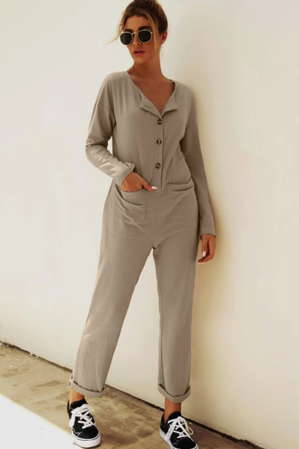 Buttoned Drop Shoulder Pocket Jumpsuit - Image 7