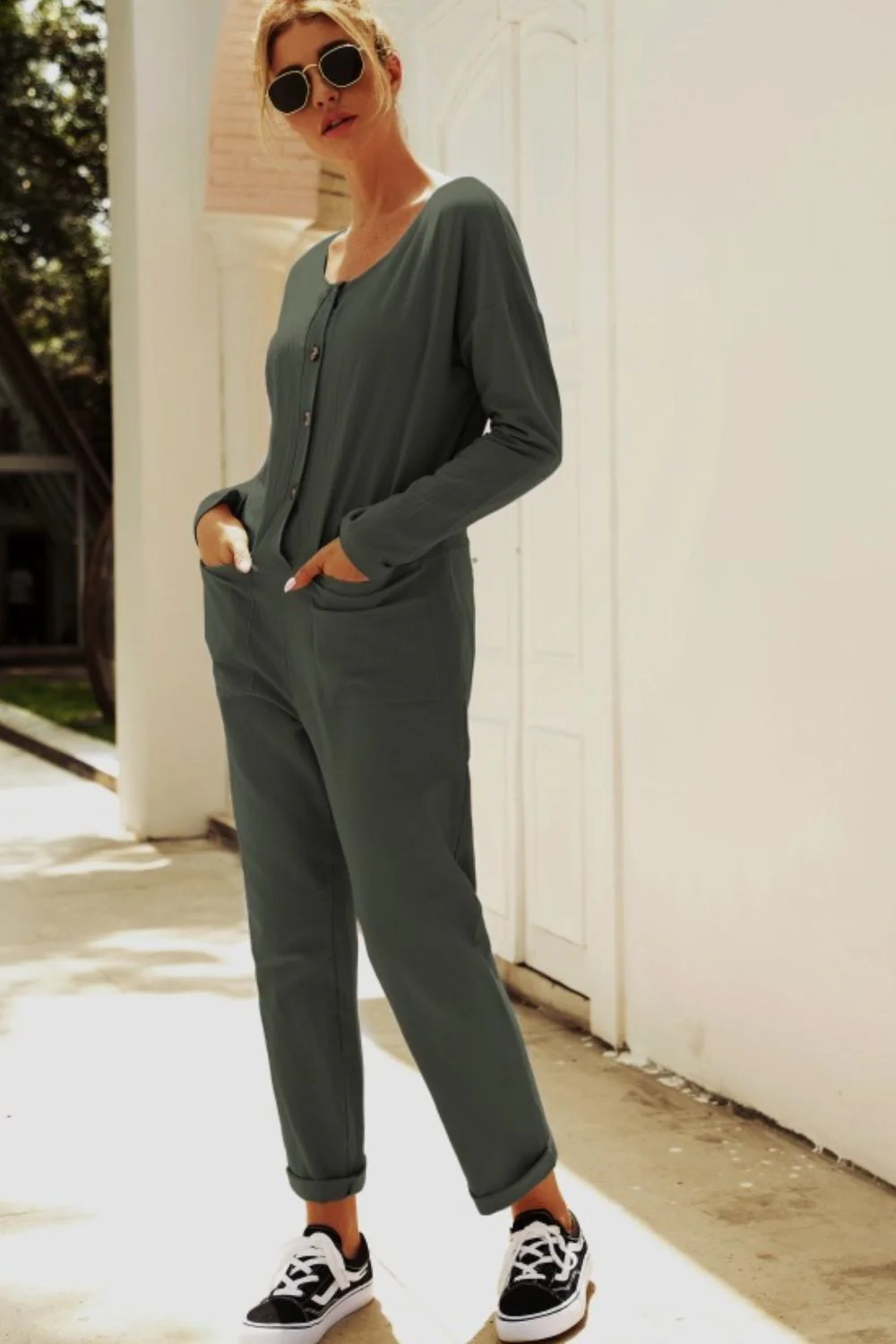 Buttoned Drop Shoulder Pocket Jumpsuit - Image 9