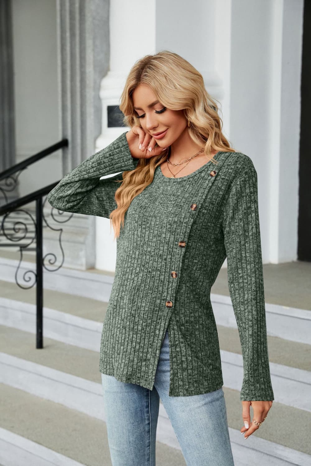 Buttoned Long Sleeve Slit Top - Image 11