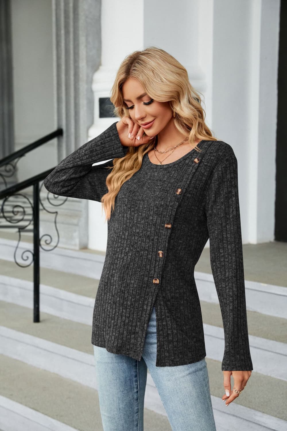 Buttoned Long Sleeve Slit Top - Image 14