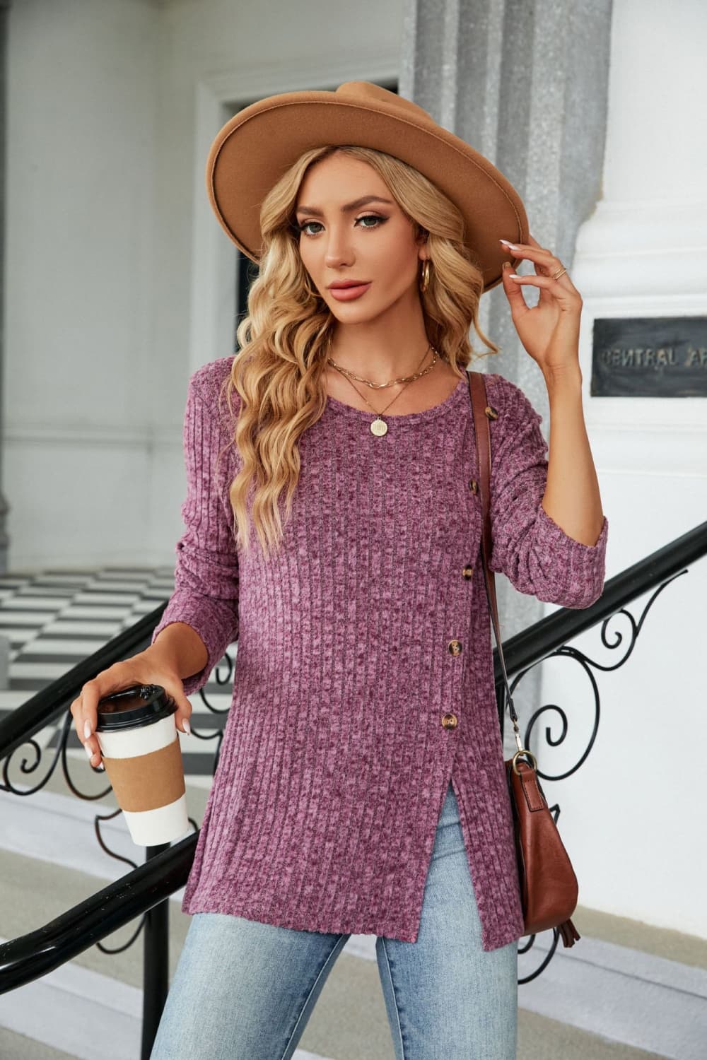 Buttoned Long Sleeve Slit Top - Image 3