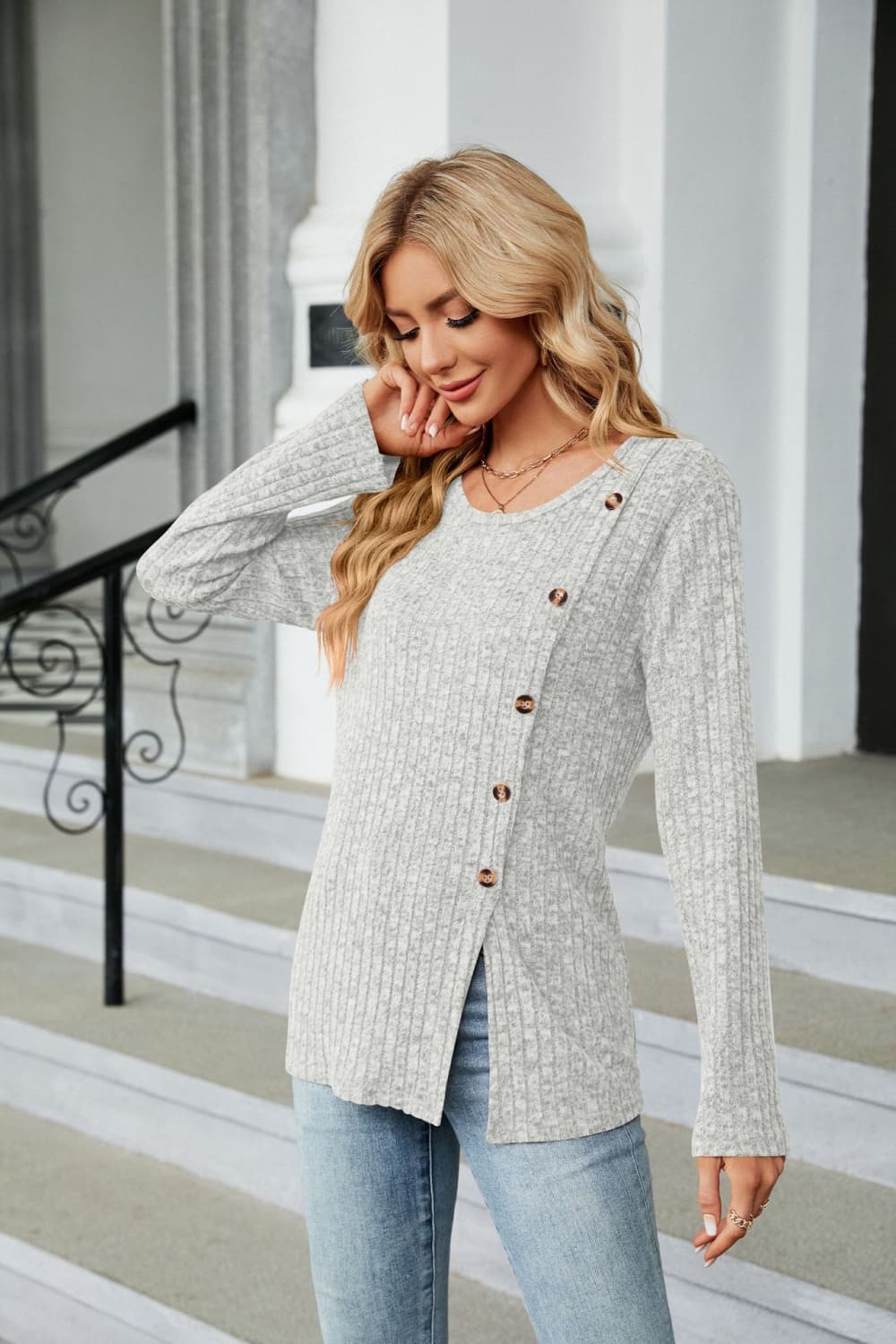 Buttoned Long Sleeve Slit Top - Image 8