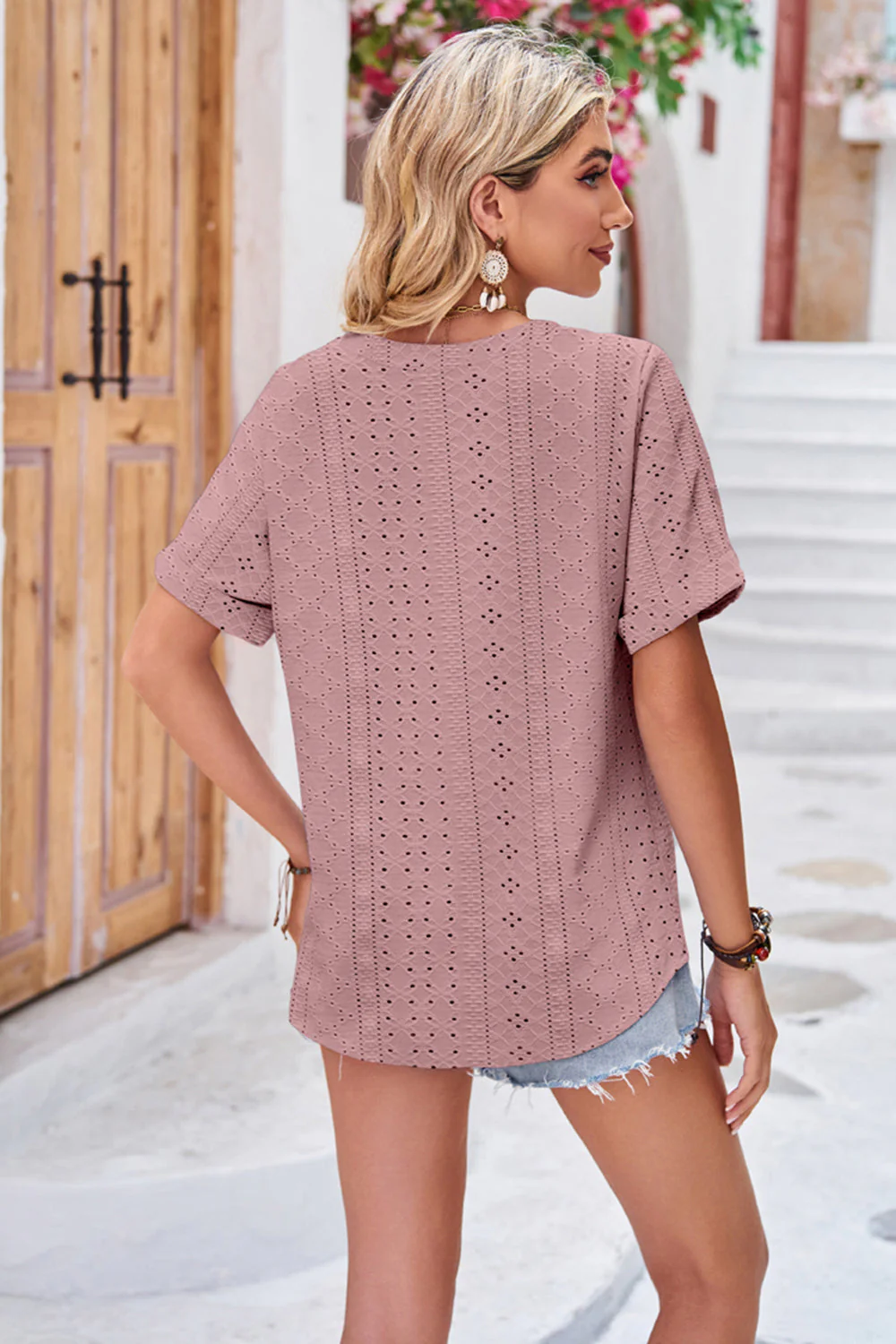 Buttoned Notched Neck Eyelet Top - Image 12