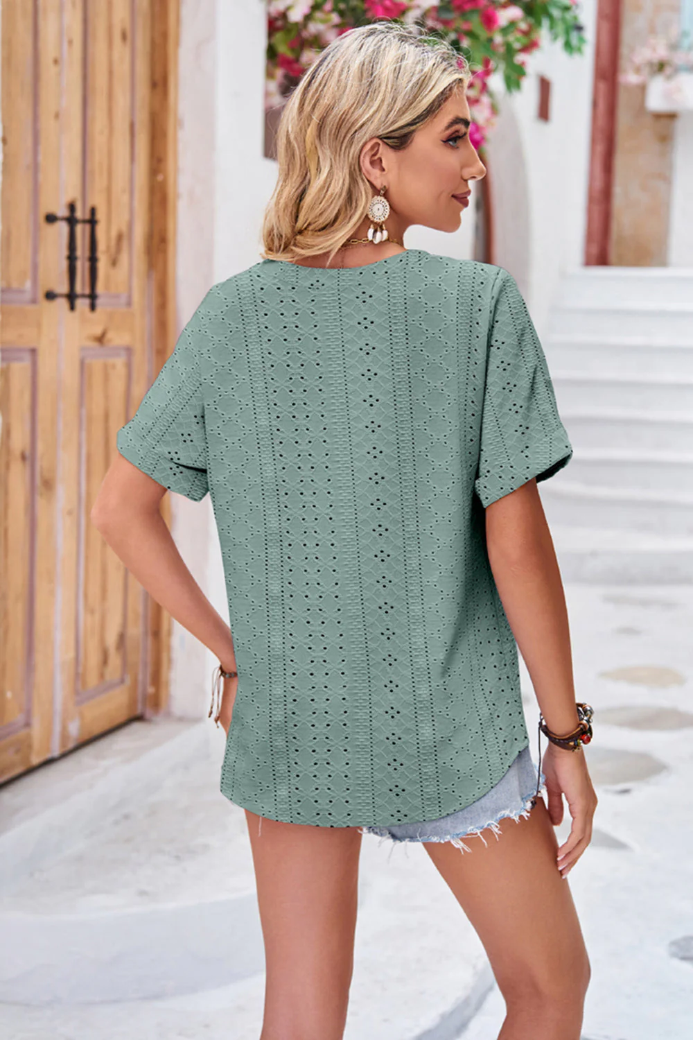 Buttoned Notched Neck Eyelet Top - Image 15