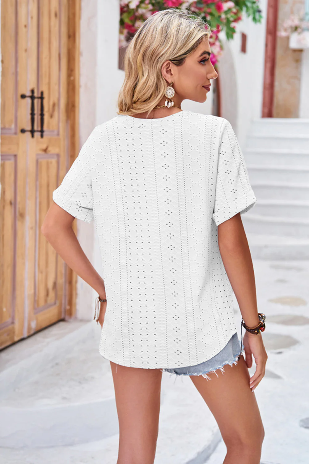 Buttoned Notched Neck Eyelet Top - Image 6