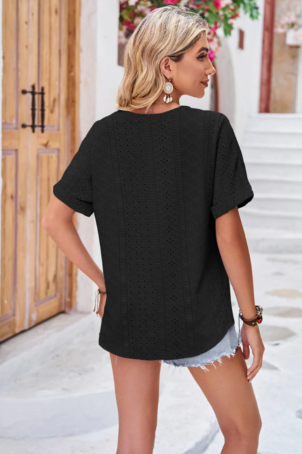 Buttoned Notched Neck Eyelet Top - Image 9