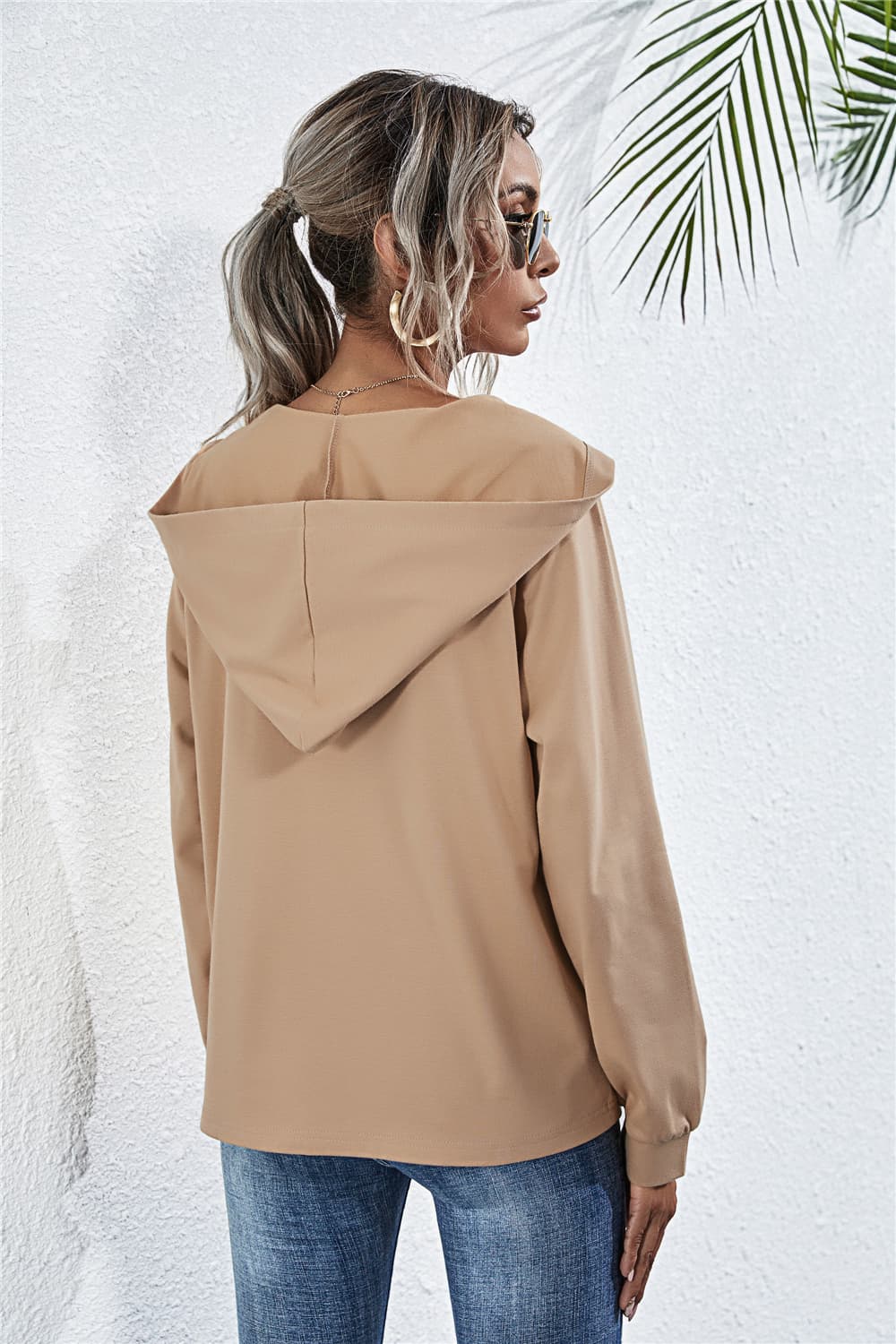 Buttoned Raglan Sleeve Hooded Blouse - Image 2