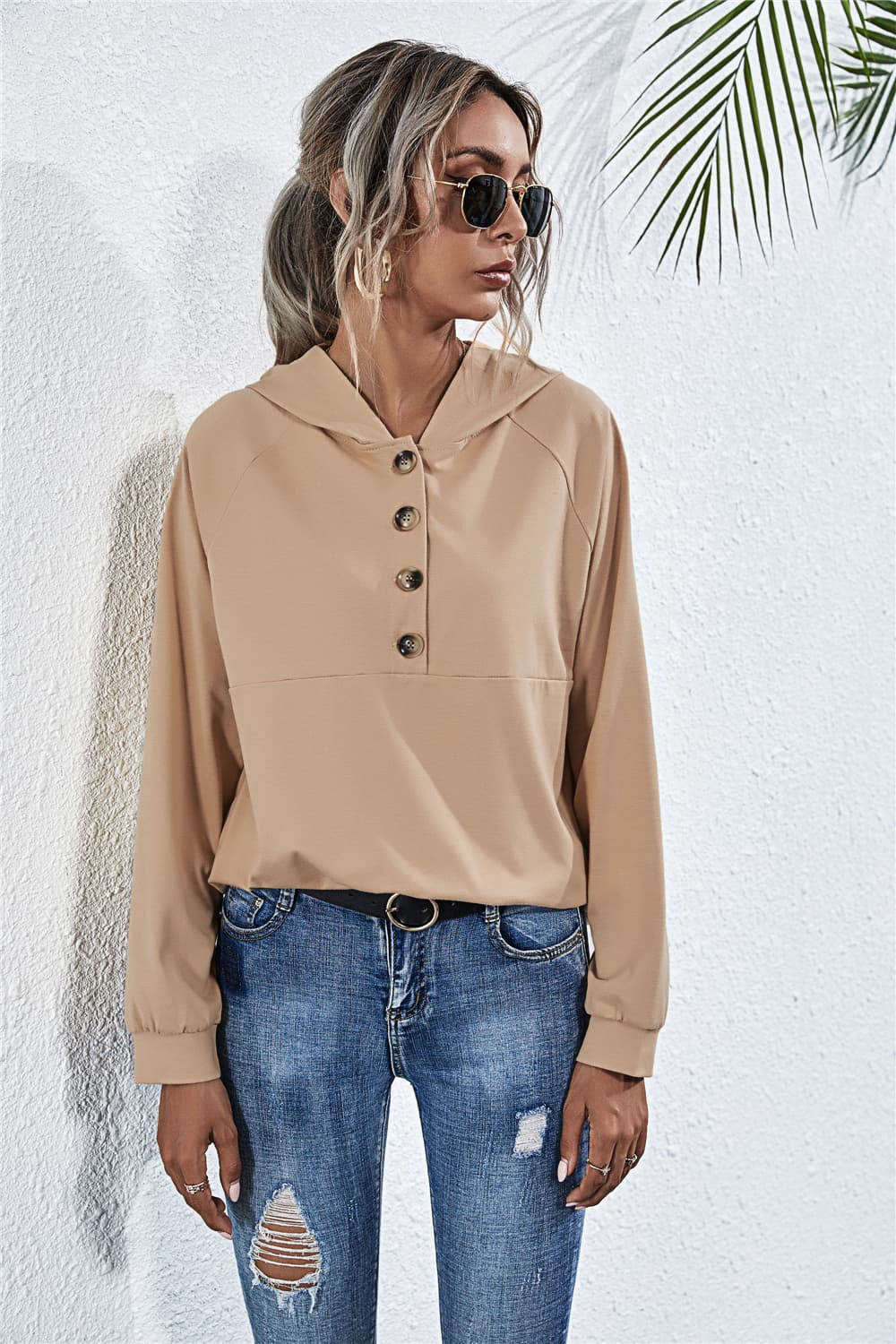 Buttoned Raglan Sleeve Hooded Blouse - Image 3