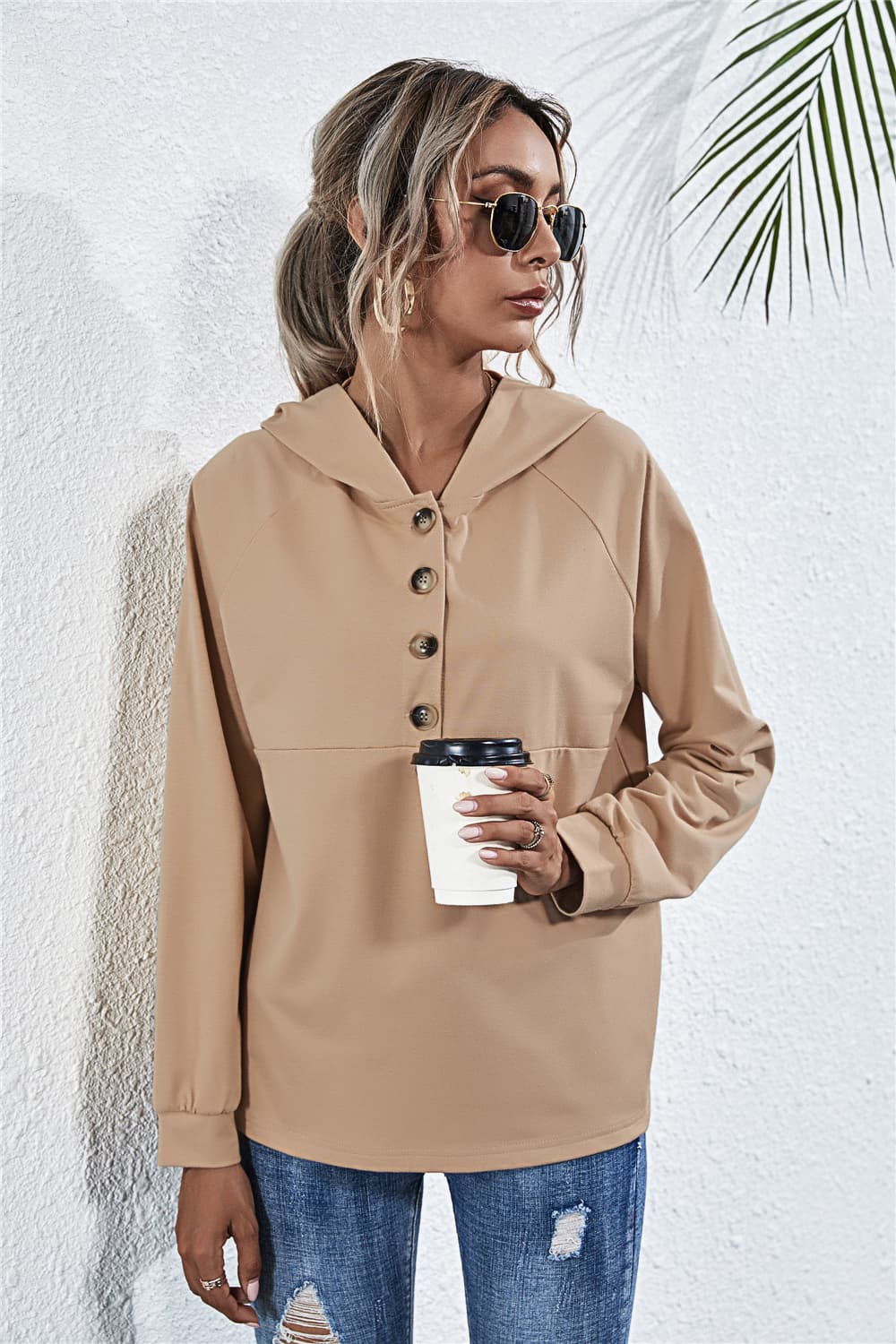 Buttoned Raglan Sleeve Hooded Blouse - Image 4