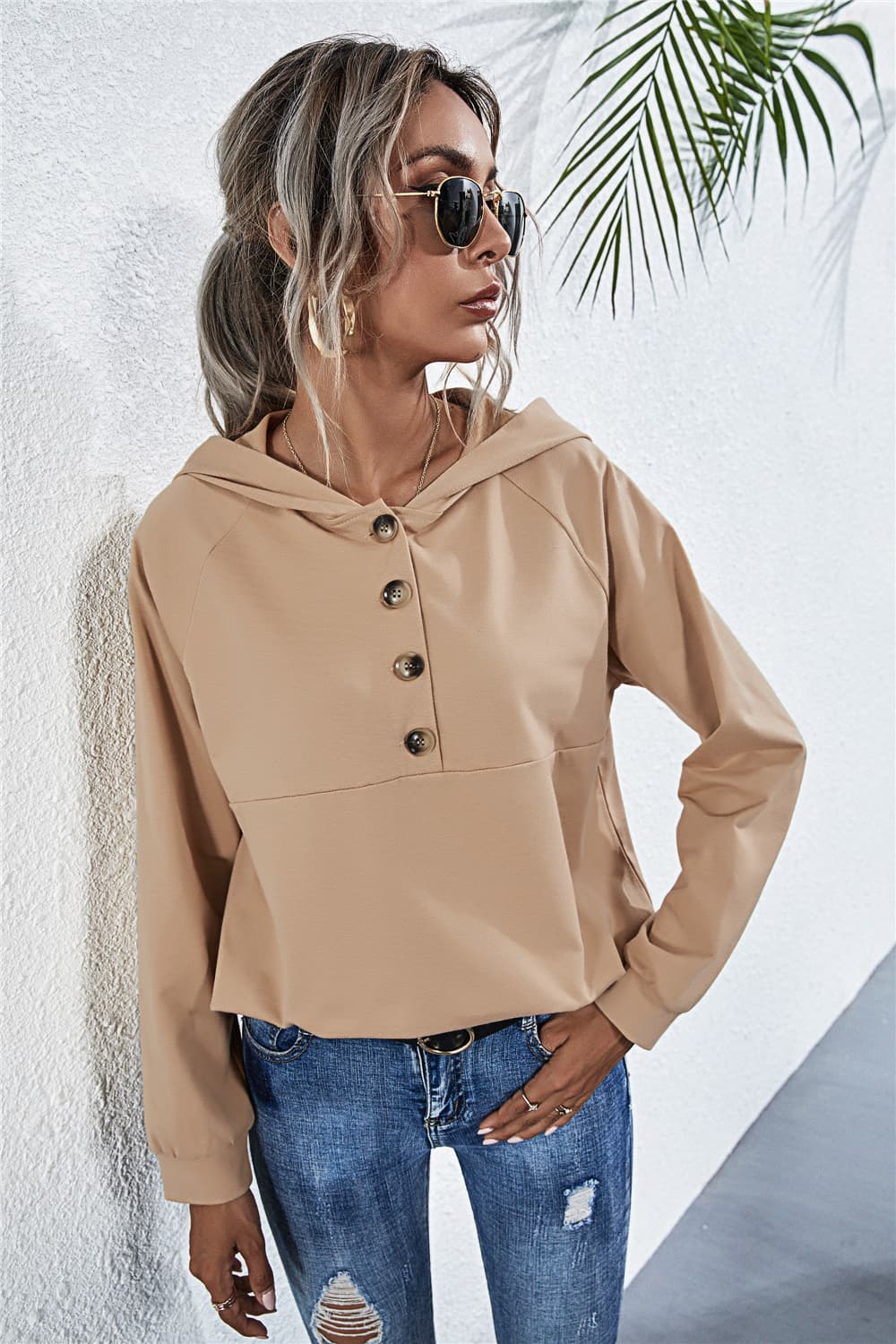 Buttoned Raglan Sleeve Hooded Blouse - Image 5