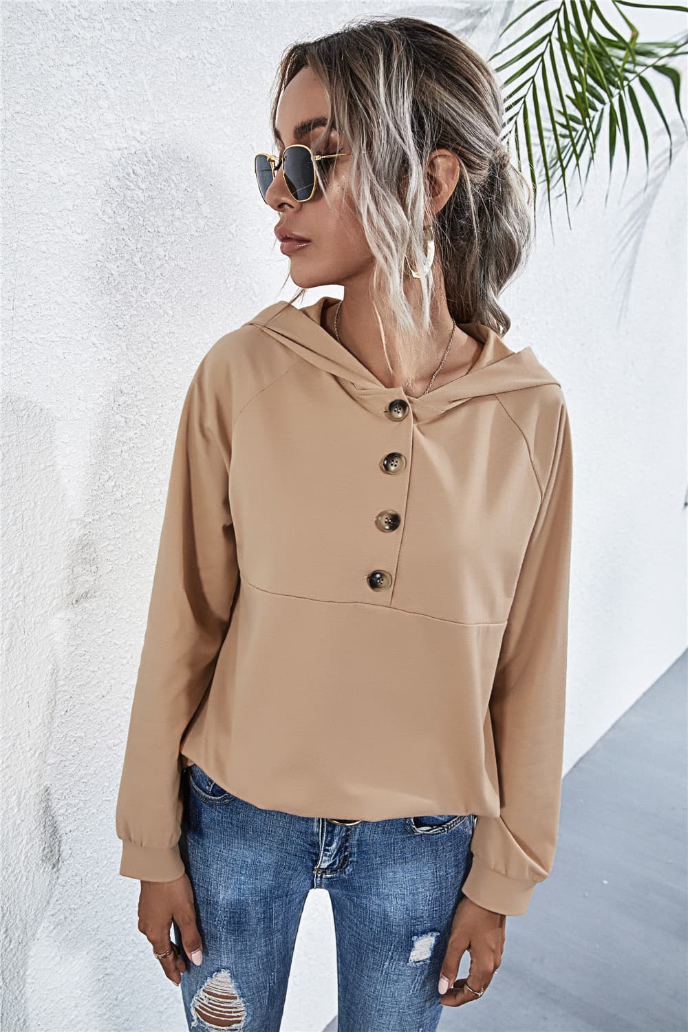 Buttoned Raglan Sleeve Hooded Blouse - Image 6