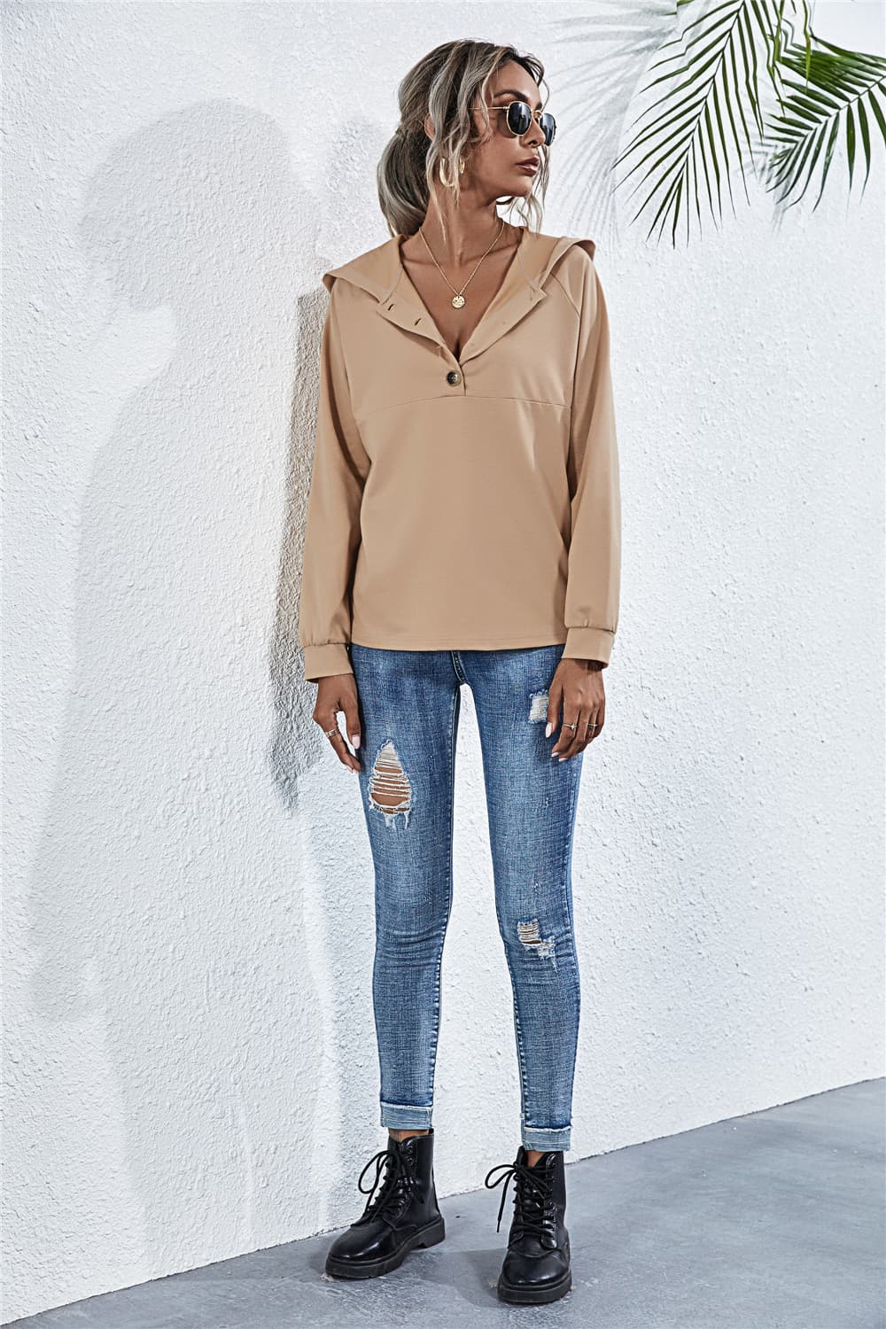 Buttoned Raglan Sleeve Hooded Blouse - Image 7