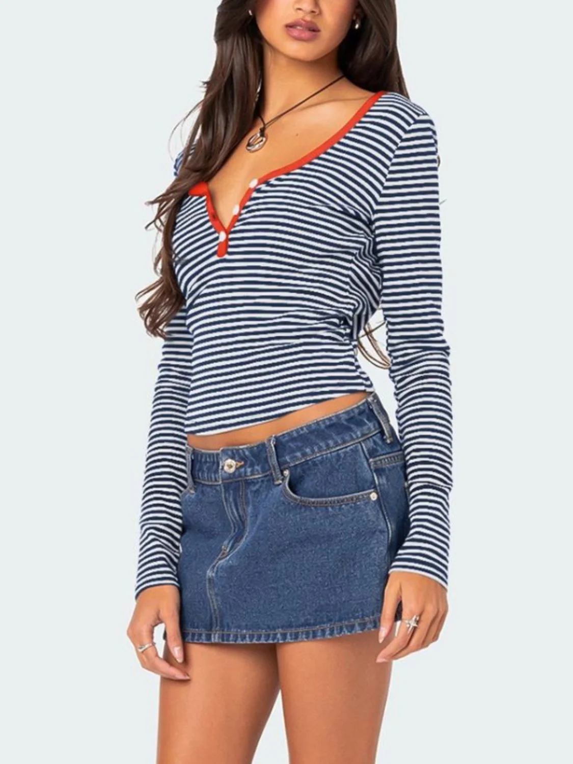 Buttoned Striped Long Sleeve T-Shirt - Image 10
