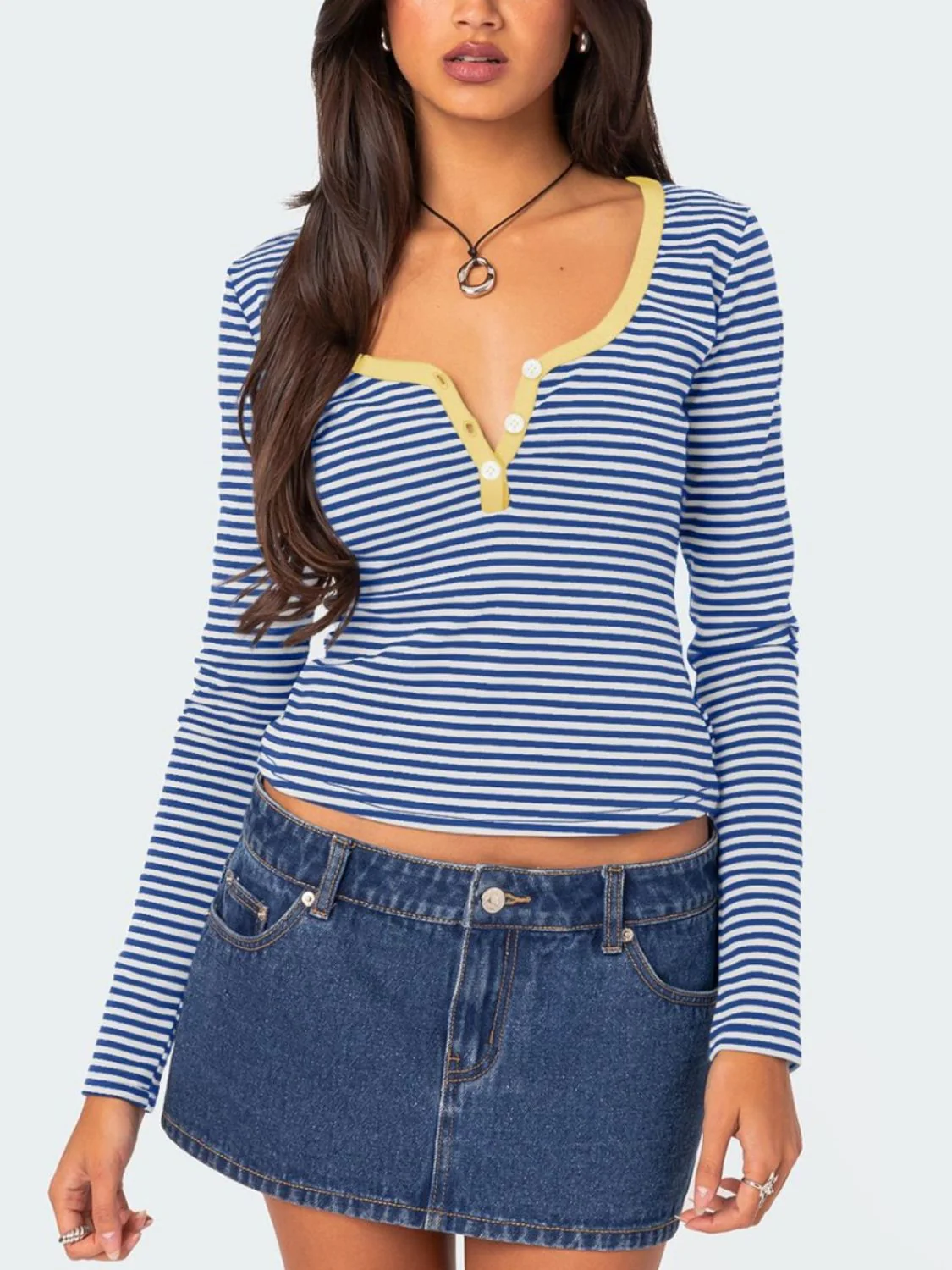 Buttoned Striped Long Sleeve T-Shirt - Image 11