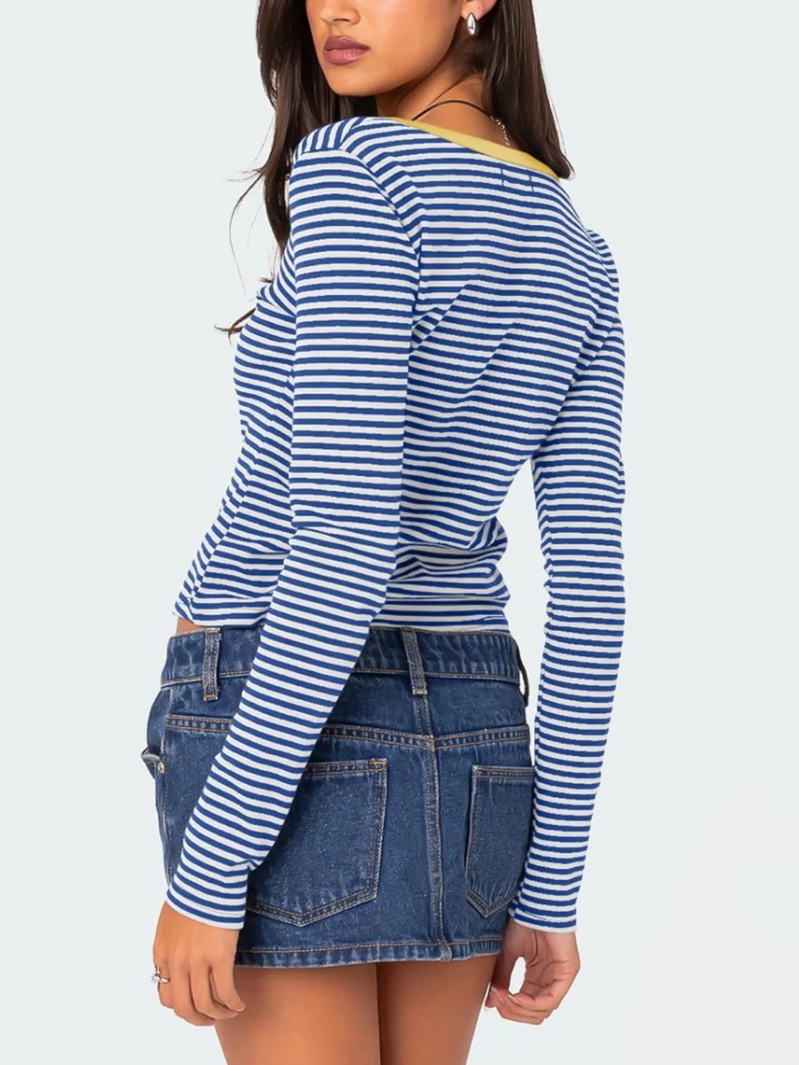 Buttoned Striped Long Sleeve T-Shirt - Image 12
