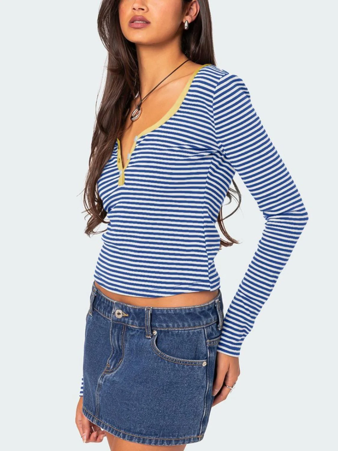 Buttoned Striped Long Sleeve T-Shirt - Image 13