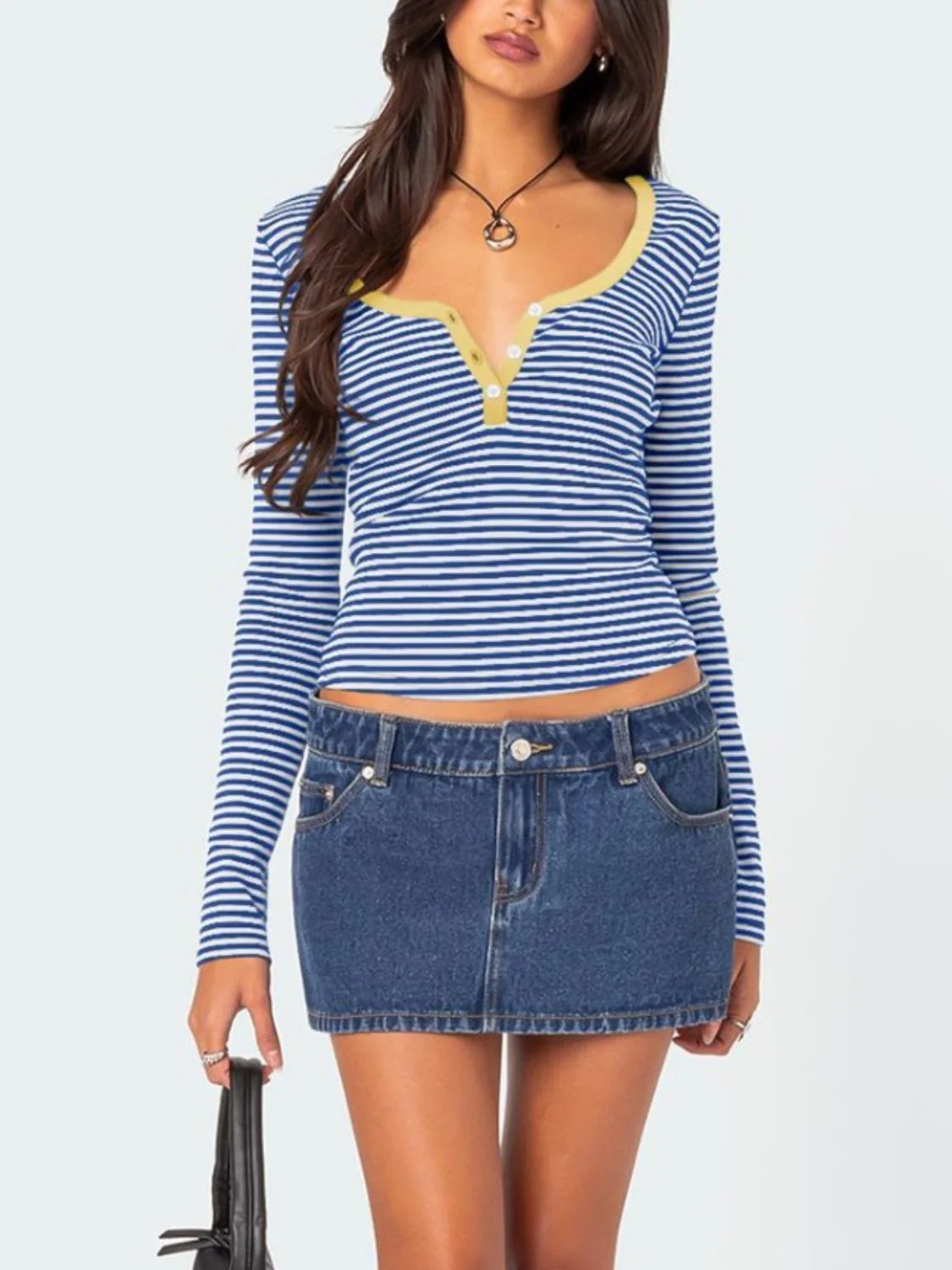 Buttoned Striped Long Sleeve T-Shirt - Image 14
