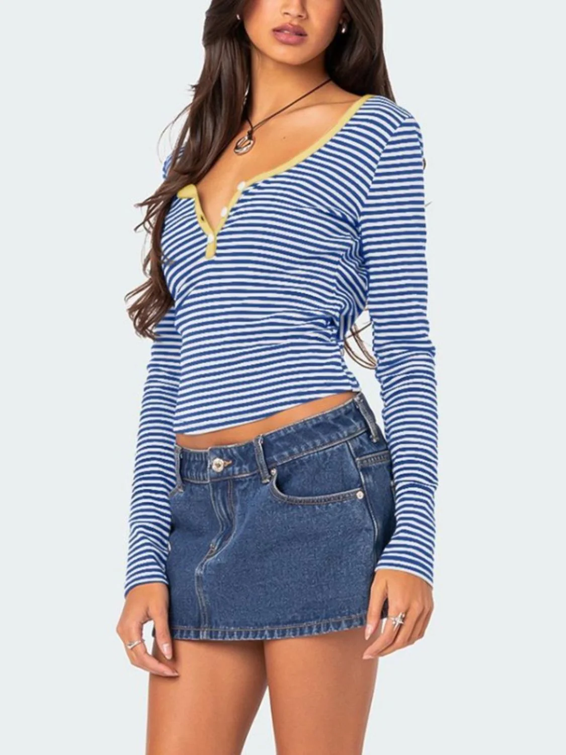 Buttoned Striped Long Sleeve T-Shirt - Image 15