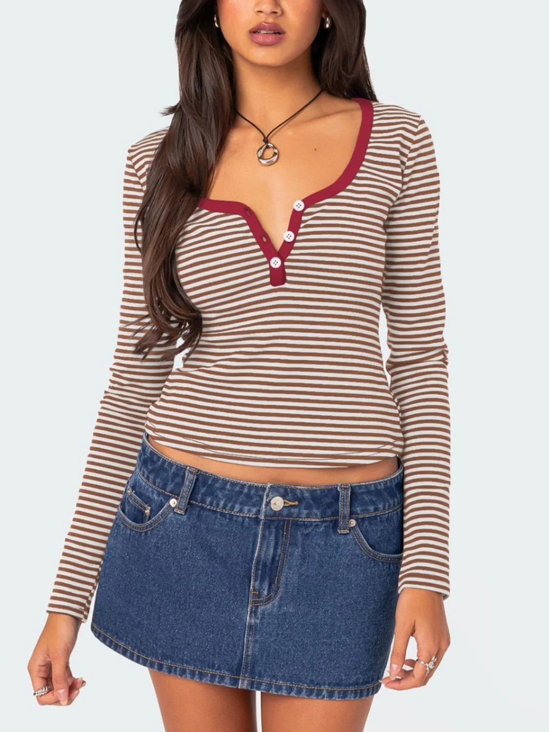 Buttoned Striped Long Sleeve T-Shirt - Image 16
