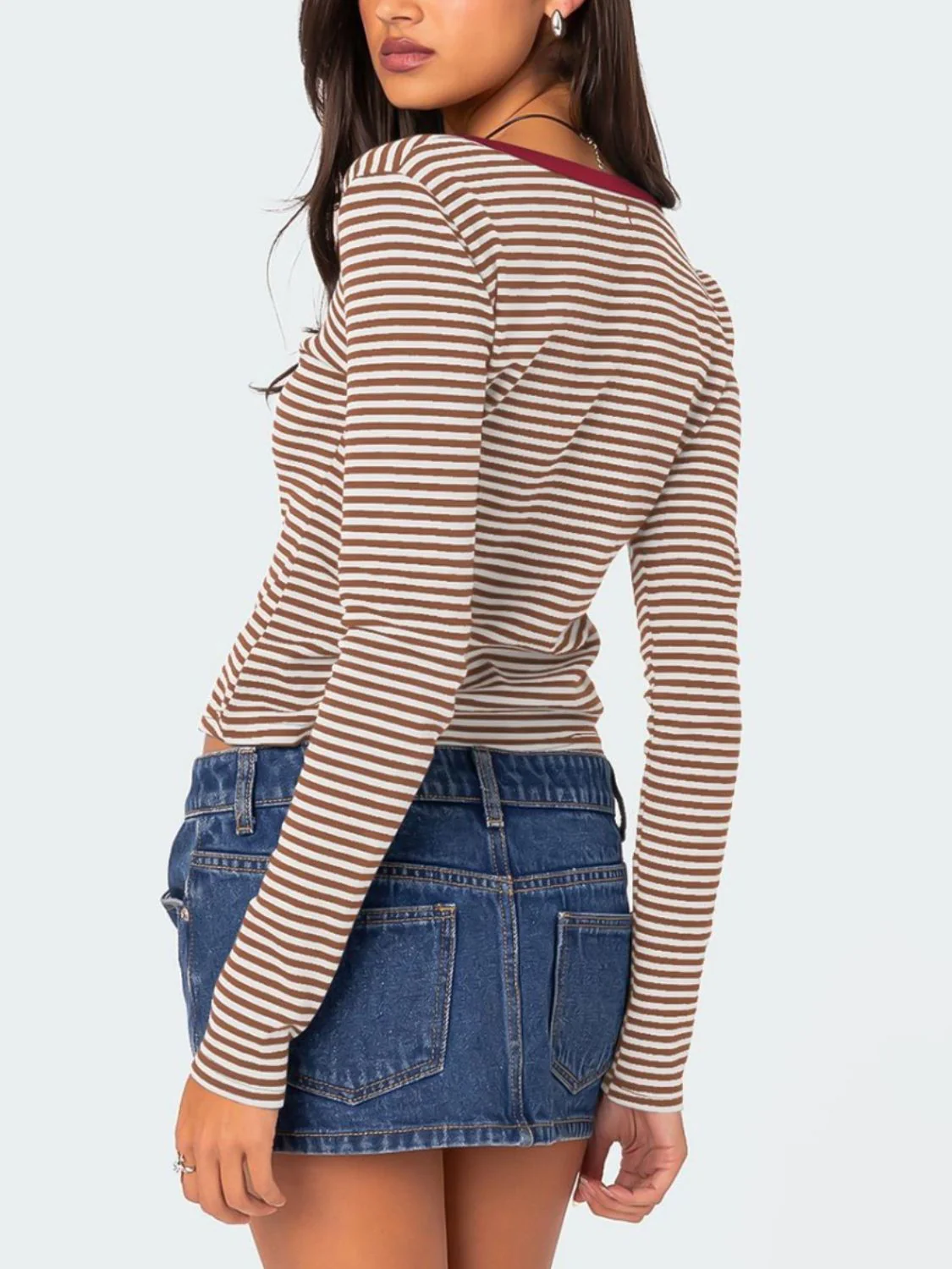 Buttoned Striped Long Sleeve T-Shirt - Image 17