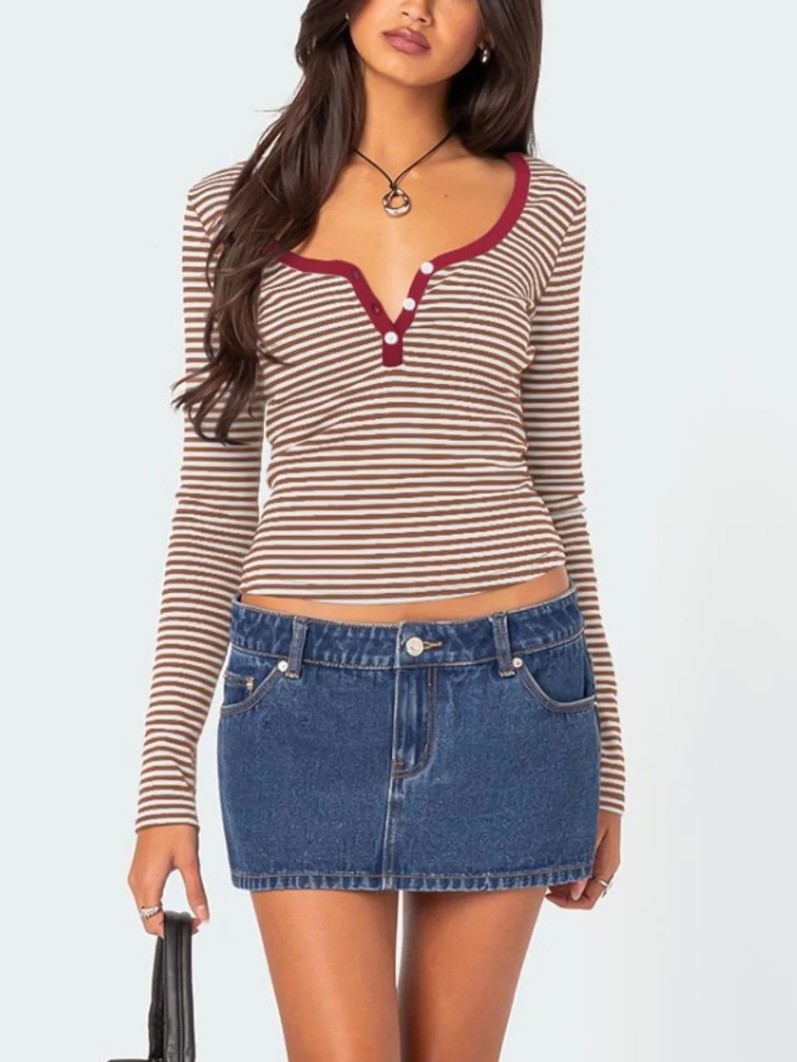 Buttoned Striped Long Sleeve T-Shirt - Image 19