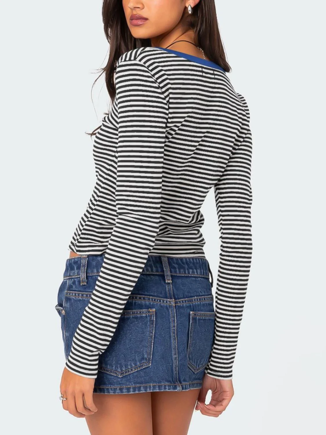 Buttoned Striped Long Sleeve T-Shirt - Image 2