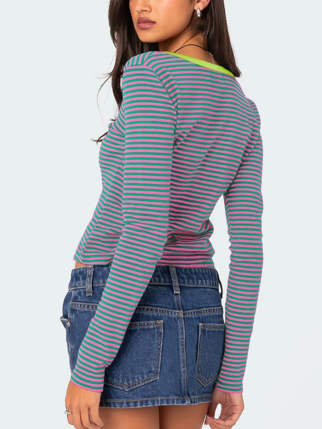 Buttoned Striped Long Sleeve T-Shirt - Image 22