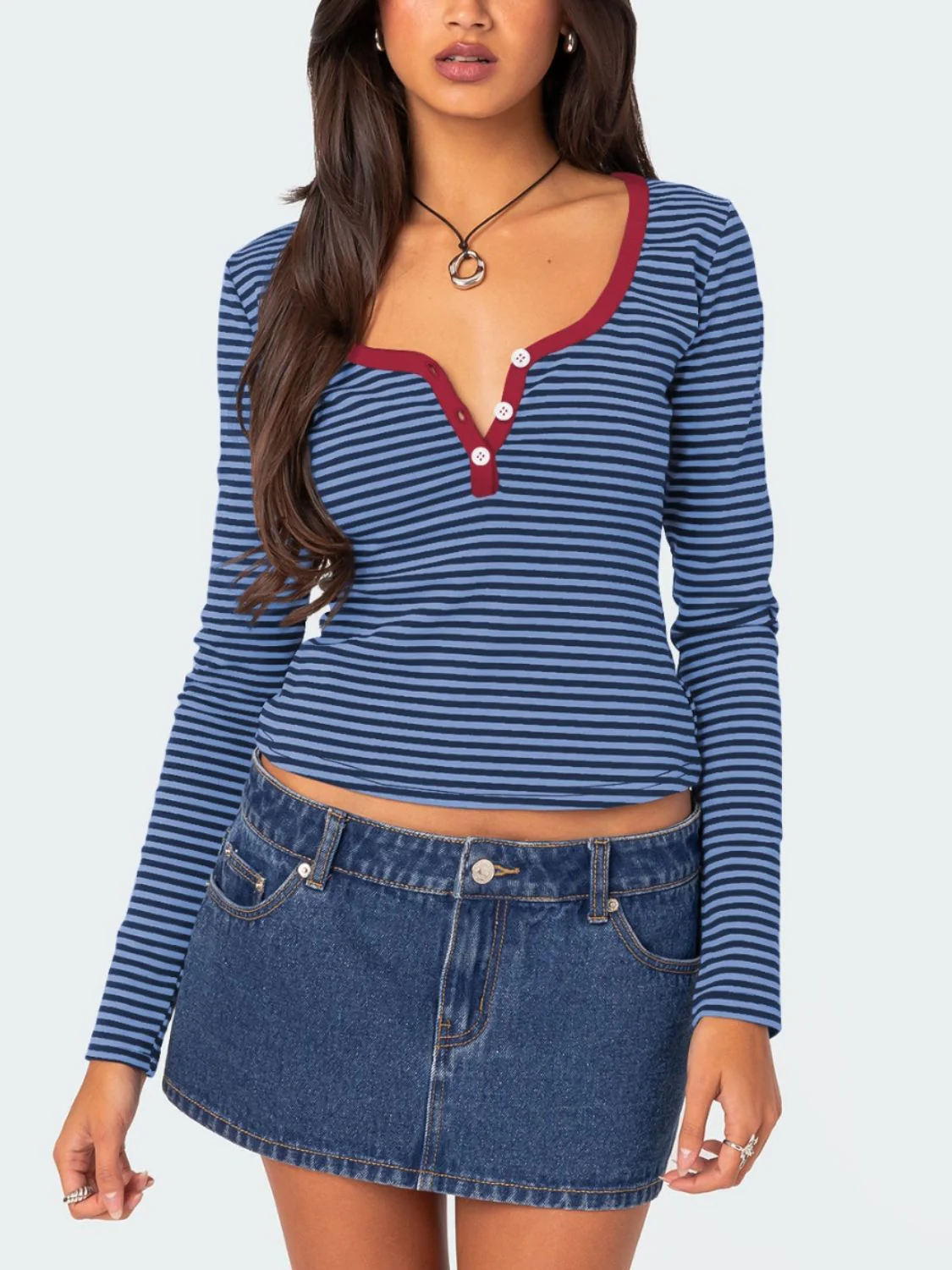 Buttoned Striped Long Sleeve T-Shirt - Image 24