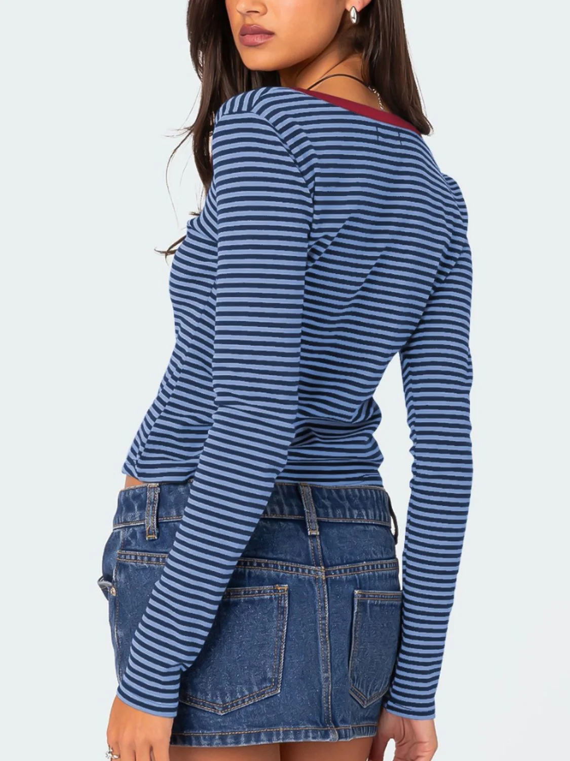 Buttoned Striped Long Sleeve T-Shirt - Image 25