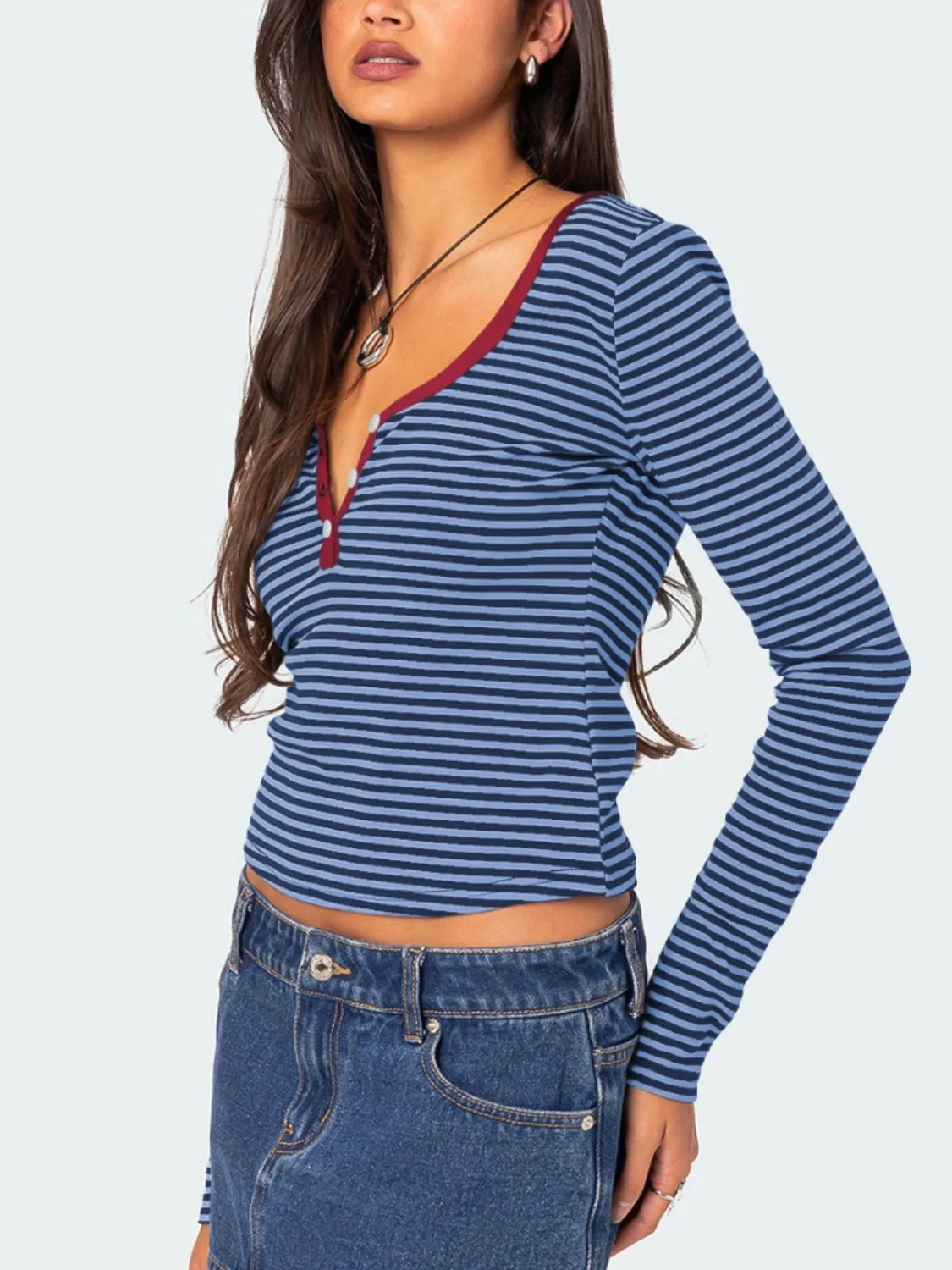 Buttoned Striped Long Sleeve T-Shirt - Image 26