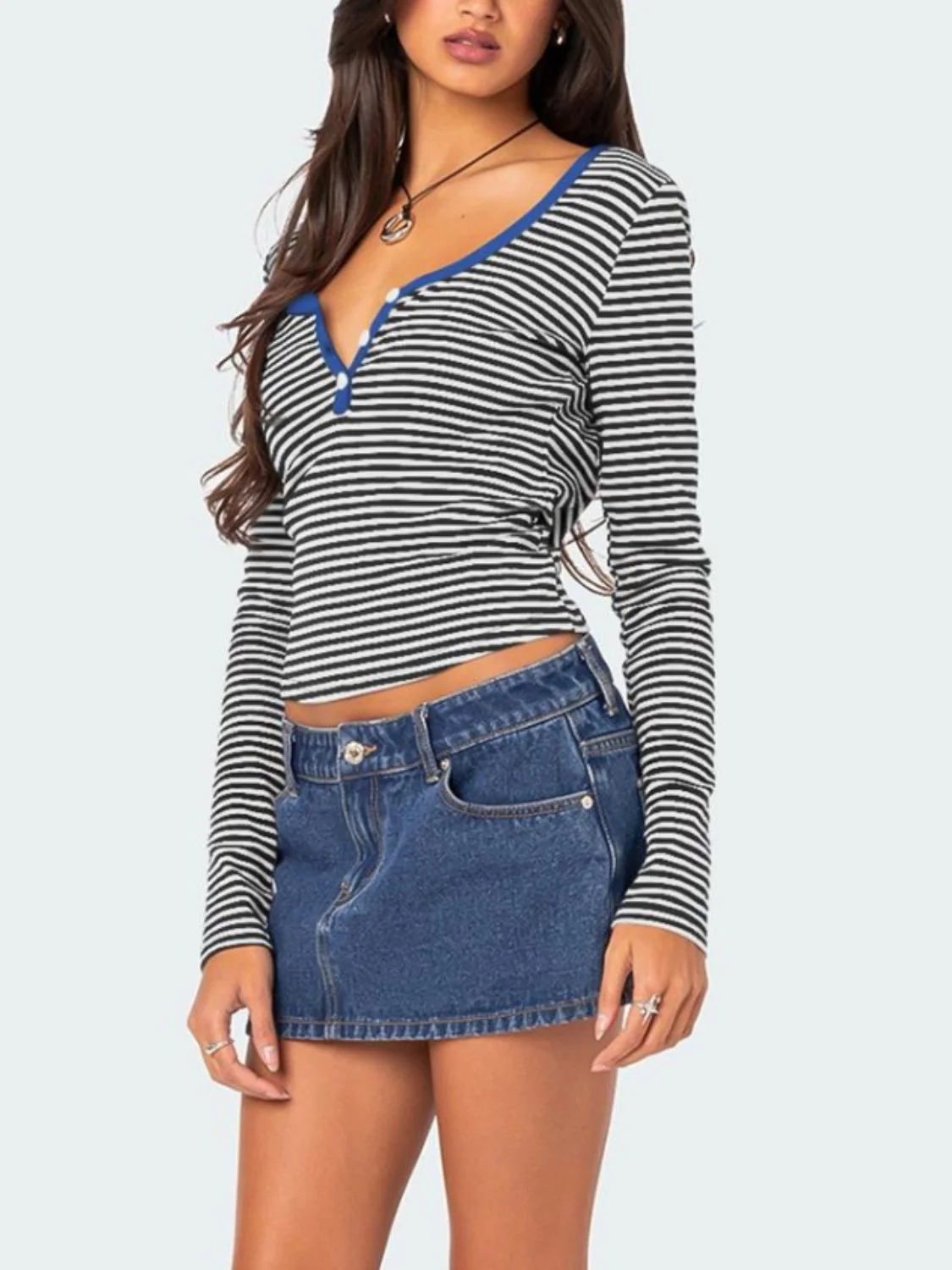 Buttoned Striped Long Sleeve T-Shirt - Image 5