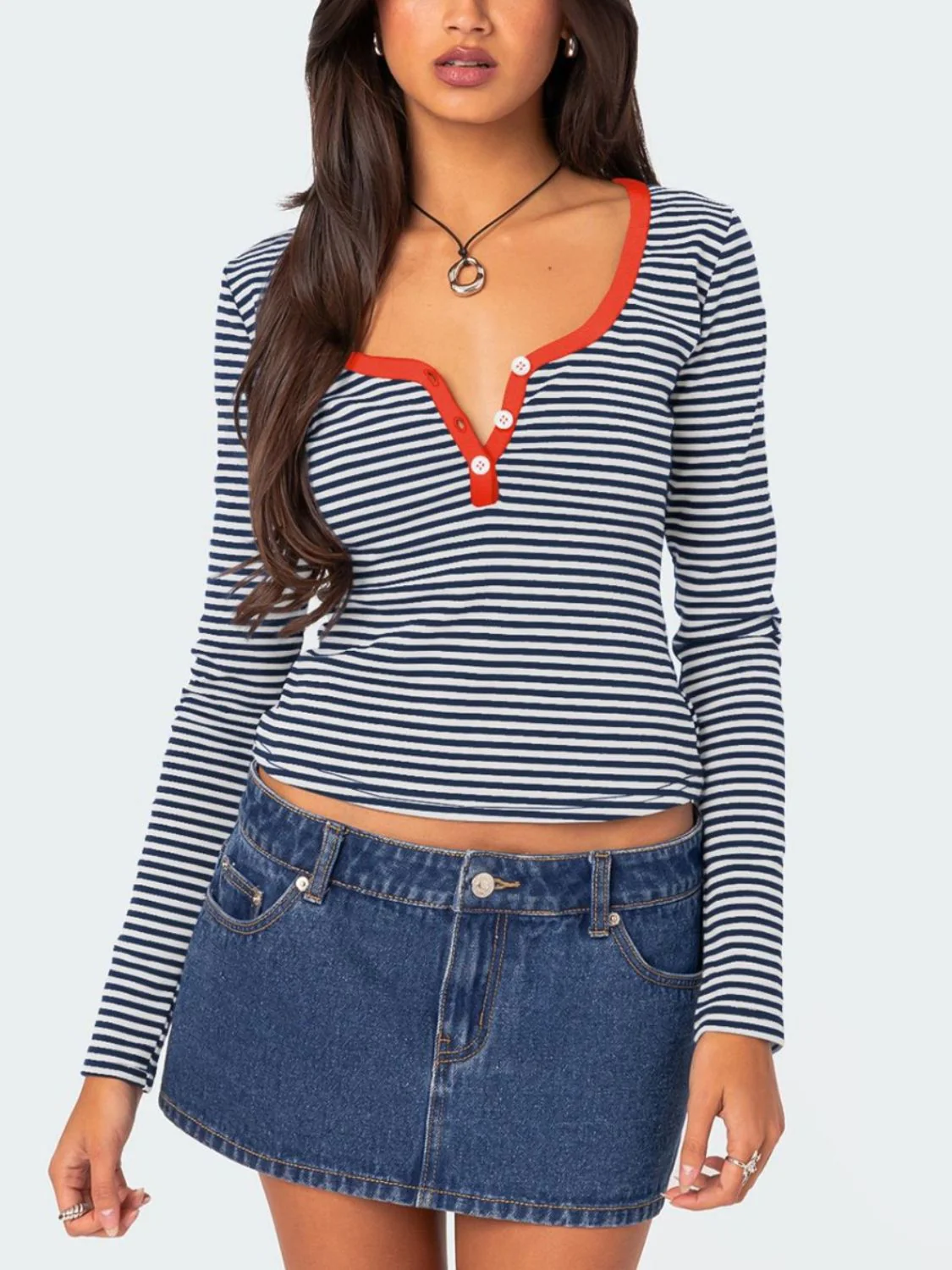 Buttoned Striped Long Sleeve T-Shirt - Image 6
