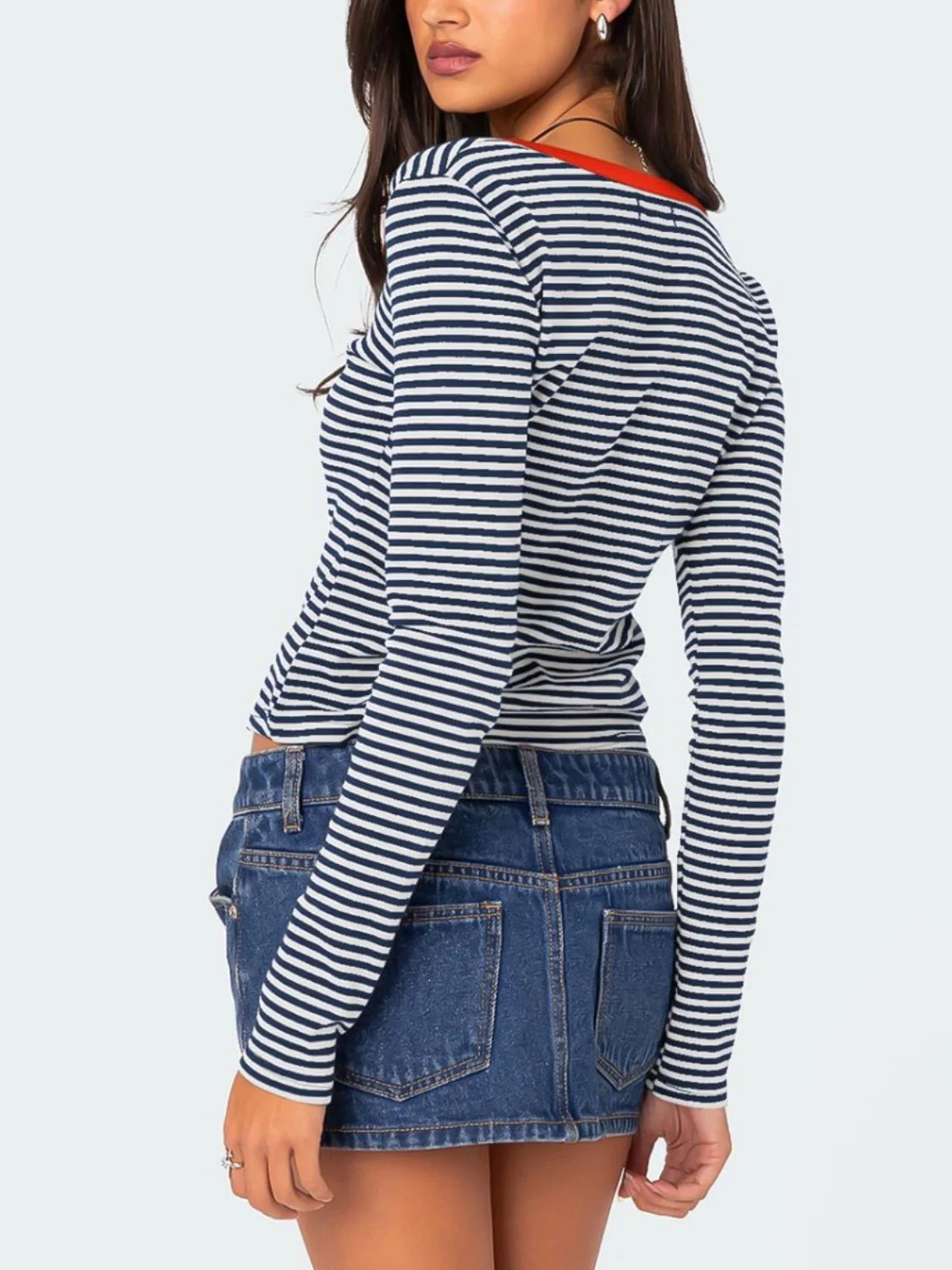 Buttoned Striped Long Sleeve T-Shirt - Image 7