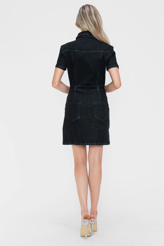 bytos Full Size Embellished Button Down Short Sleeve Denim Dress - Image 2