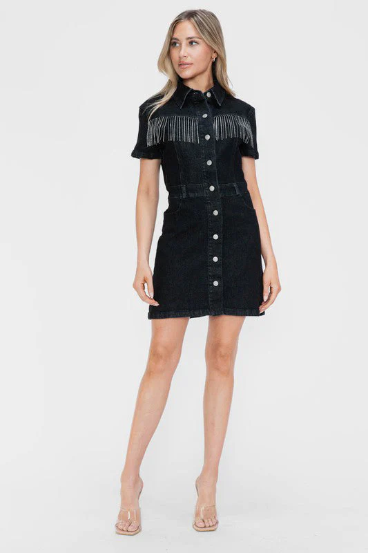 bytos Full Size Embellished Button Down Short Sleeve Denim Dress - Image 3