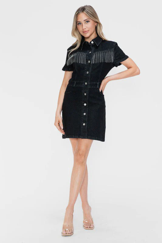bytos Full Size Embellished Button Down Short Sleeve Denim Dress - Image 4