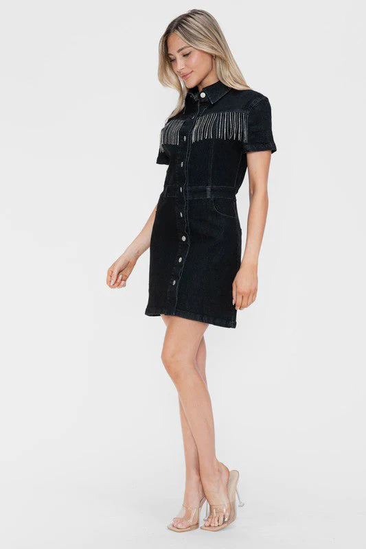 bytos Full Size Embellished Button Down Short Sleeve Denim Dress - Image 5