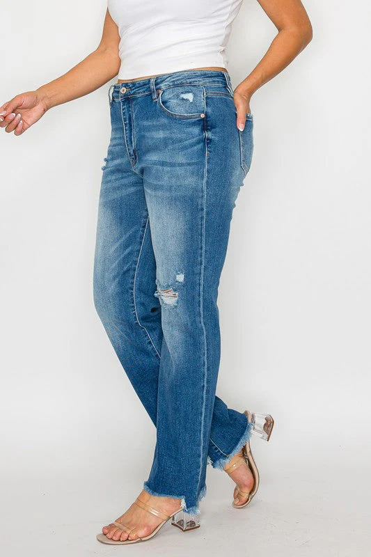 bytos Full Size Raw Hem Distressed Mid Rise Straight Jeans - Image 10