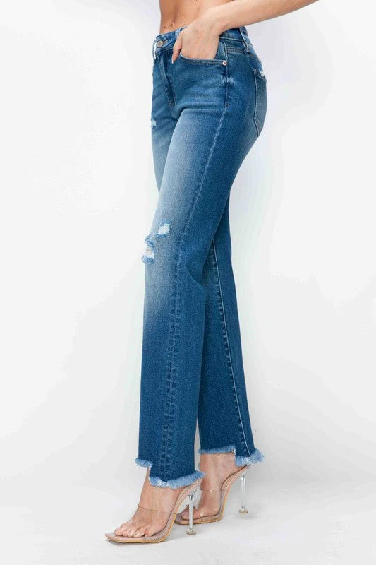 bytos Full Size Raw Hem Distressed Mid Rise Straight Jeans - Image 6